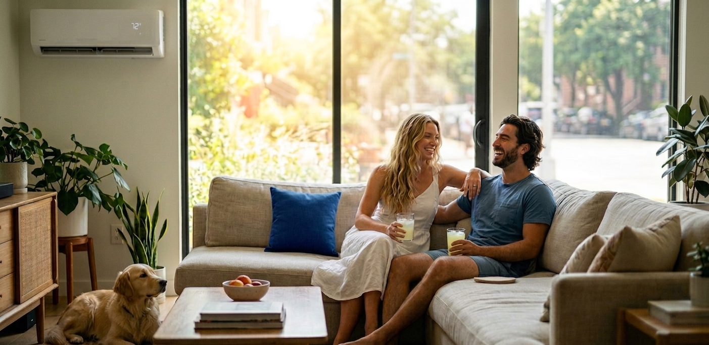 Couple relaxing comfortably in a cool, air-conditioned Greater Boston living room