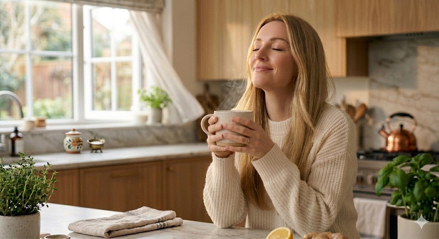 Woman breathing in fresh, clean indoor air in a bright Greater Boston kitchen