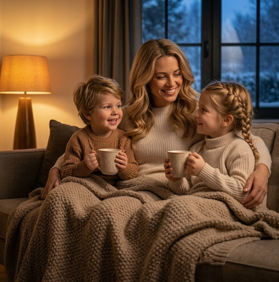 Family staying warm with mugs under a blanket in a cozy Greater Boston living room heated for winter