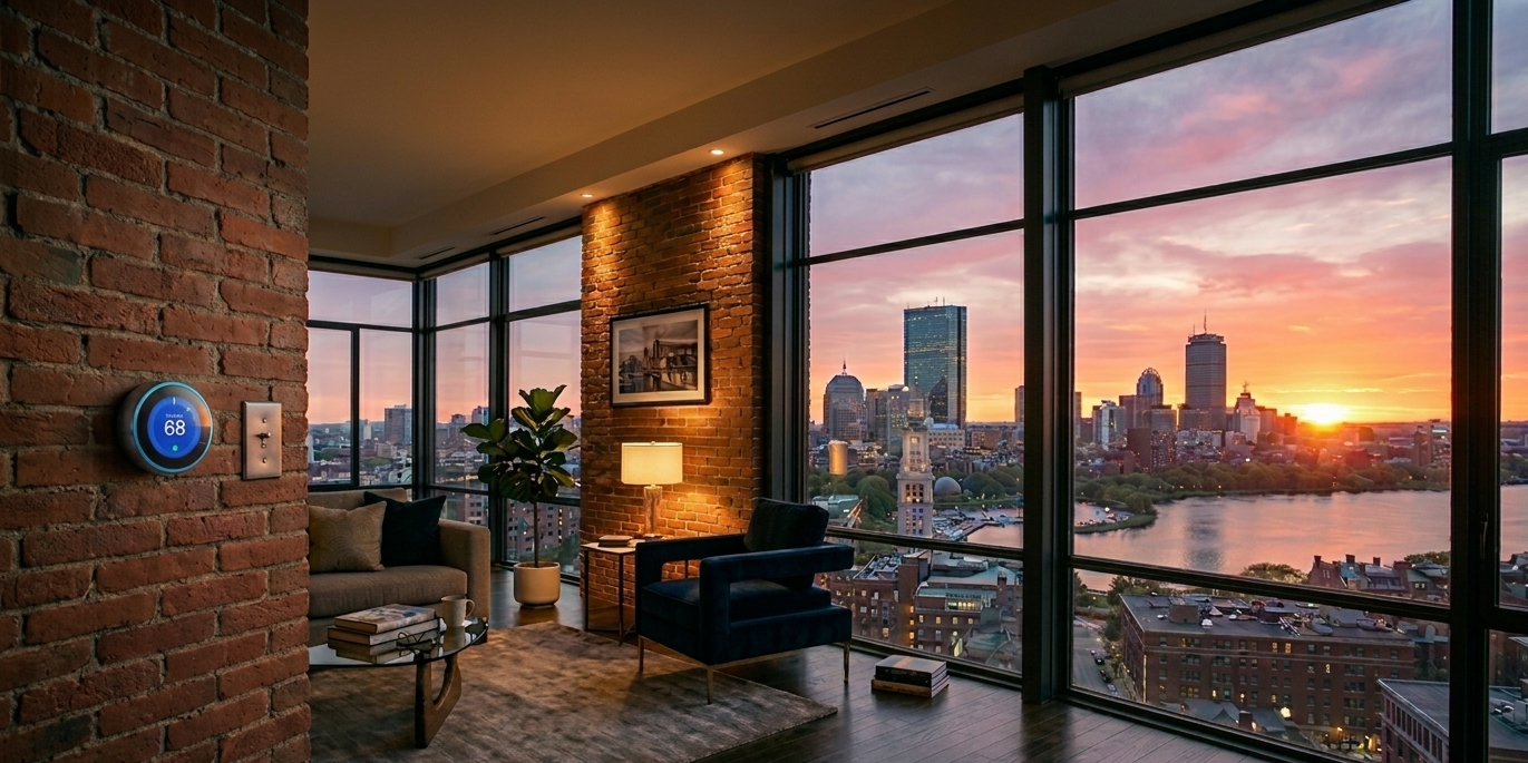 Greater Boston condo living room at sunset with a smart thermostat on the wall