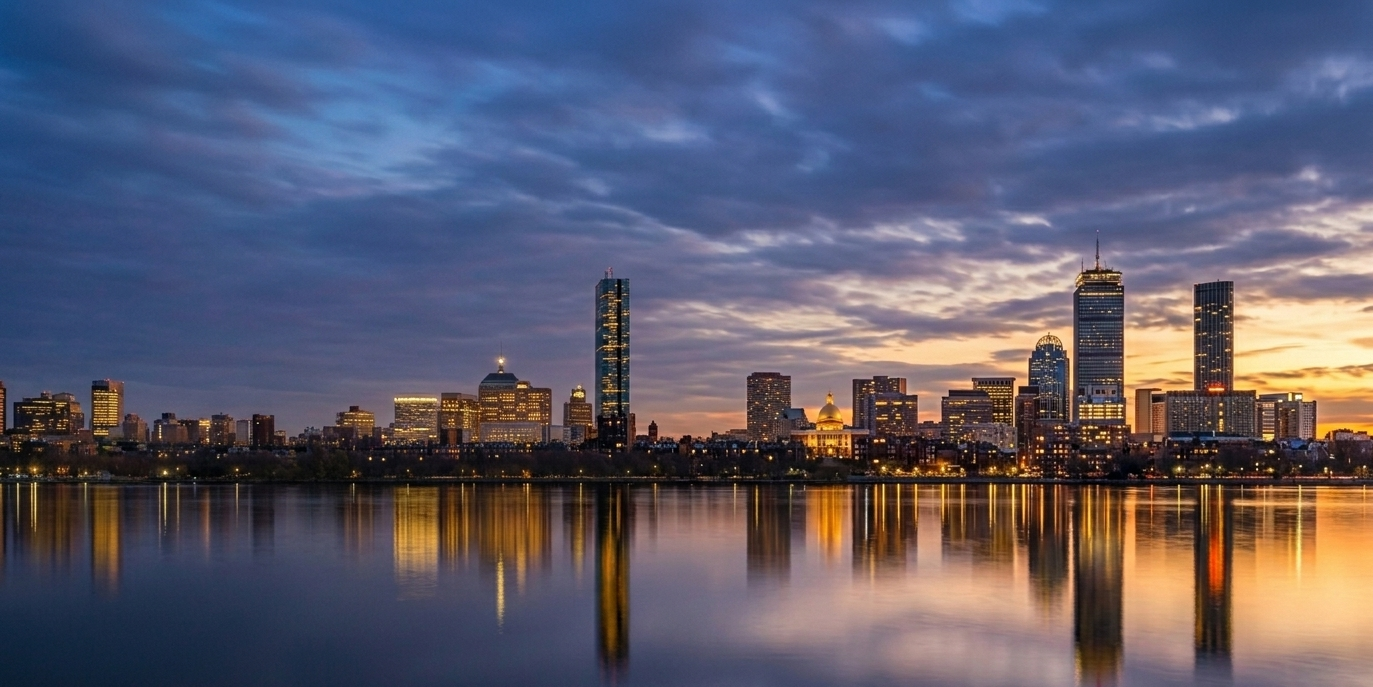 Boston skyline at sunset reflected over the Charles River across Greater Boston